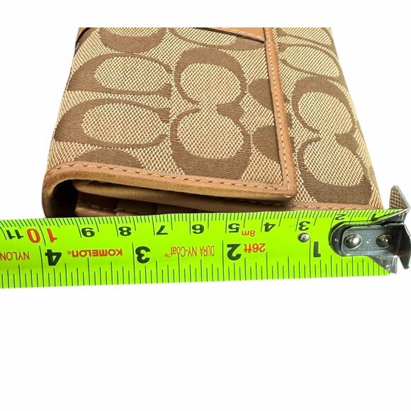 Coach Signature Canvas Tan Leather Trifold Wallet Khaki Beige - Picture 11 of 12
